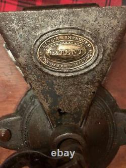 1800s ANTIQUE King's Improved CAST IRON & TIN WALL MOUNT COFFEE MILL GRINDER