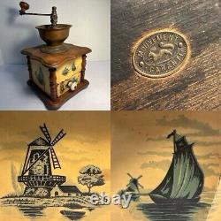 1900's ANTIQUE COFFEE GRINDER Boat & Lighthouse, Brass & Wood, French Stamped