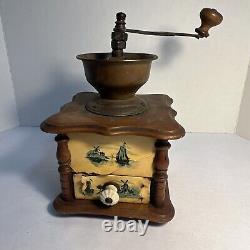 1900's ANTIQUE COFFEE GRINDER Boat & Lighthouse, Brass & Wood, French Stamped