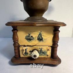 1900's ANTIQUE COFFEE GRINDER Boat & Lighthouse, Brass & Wood, French Stamped