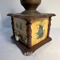 1900's ANTIQUE COFFEE GRINDER Boat & Lighthouse, Brass & Wood, French Stamped