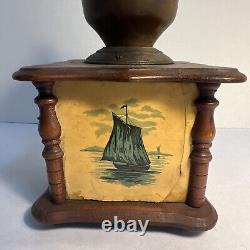 1900's ANTIQUE COFFEE GRINDER Boat & Lighthouse, Brass & Wood, French Stamped