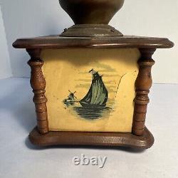 1900's ANTIQUE COFFEE GRINDER Boat & Lighthouse, Brass & Wood, French Stamped