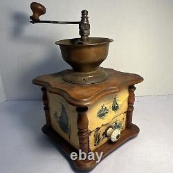 1900's ANTIQUE COFFEE GRINDER Boat & Lighthouse, Brass & Wood, French Stamped