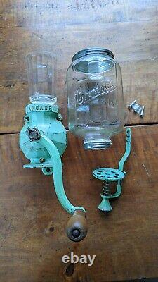 1930's Arcade Crystal No 4 Coffee Burr Grinder Mint Green Wall Mount Antique