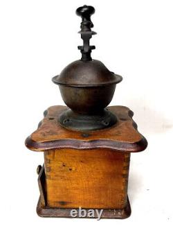 9 1/2 Antique Bass Cast Iron Dovetailed Wood Single Draw Coffee MILL Grinder