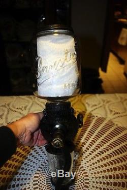 ANTIQUE ARCADE CRYSTAL NO. 3 WALL MOUNT COFFEE GRINDER With GLASS CATCH CUP