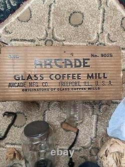 ANTIQUE Arcade # 25 Coffee Mill Grinder With Original Box & Original Glass Measure