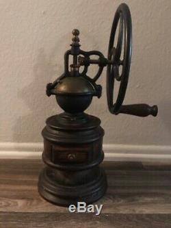 ANTIQUE BALANCE WHEEL COFFEE GRINDER-ITALY-CAST IRON/ Solid Carved Wood Base