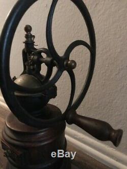 ANTIQUE BALANCE WHEEL COFFEE GRINDER-ITALY-CAST IRON/ Solid Carved Wood Base