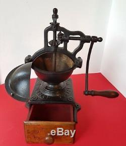 ANTIQUE CAST IRON COFFEE GRINDER BIG A2 PEUGEOT FRERES ex. CONDITION