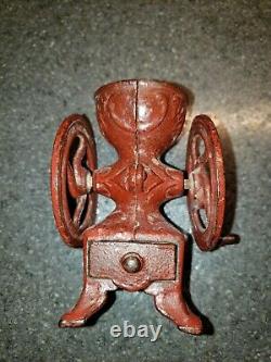 ANTIQUE CAST IRON SALESMAN SAMPLE DOUBLE WHEEL COFFEE MILL GRINDER With Drawer