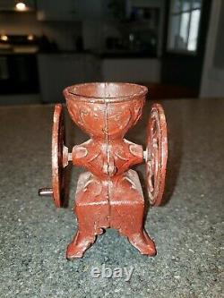 ANTIQUE CAST IRON SALESMAN SAMPLE DOUBLE WHEEL COFFEE MILL GRINDER With Drawer