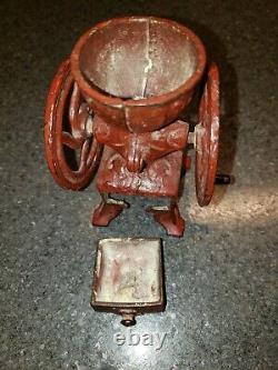 ANTIQUE CAST IRON SALESMAN SAMPLE DOUBLE WHEEL COFFEE MILL GRINDER With Drawer
