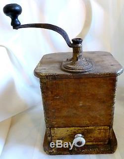ANTIQUE Country PRIMITIVE Wood COFFEE GRINDER Original OLD YELLOW PAINT