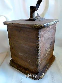 ANTIQUE Country PRIMITIVE Wood COFFEE GRINDER Original OLD YELLOW PAINT