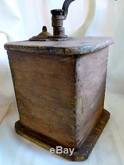 ANTIQUE Country PRIMITIVE Wood COFFEE GRINDER Original OLD YELLOW PAINT