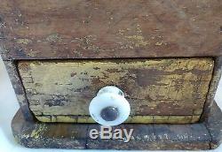 ANTIQUE Country PRIMITIVE Wood COFFEE GRINDER Original OLD YELLOW PAINT