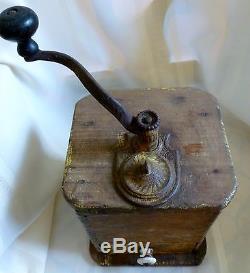 ANTIQUE Country PRIMITIVE Wood COFFEE GRINDER Original OLD YELLOW PAINT