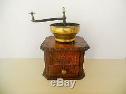 ANTIQUE FRENCH PRIMITIVE GRINDER MILL COFFEE HAND CRANK BRASS CARVED WOOD 18th
