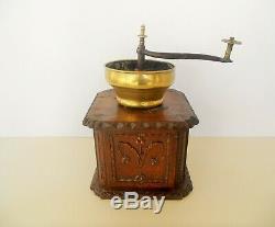 ANTIQUE FRENCH PRIMITIVE GRINDER MILL COFFEE HAND CRANK BRASS CARVED WOOD 18th