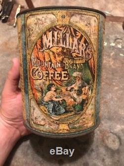 ANTIQUE Mountain COFFEE TIN EB MILLAR CHICAGO MILLS CAN GRINDER OLD Rare Paper