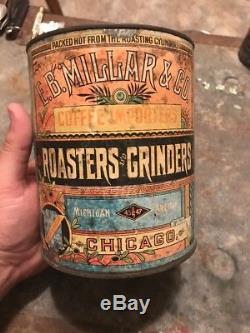 ANTIQUE Mountain COFFEE TIN EB MILLAR CHICAGO MILLS CAN GRINDER OLD Rare Paper