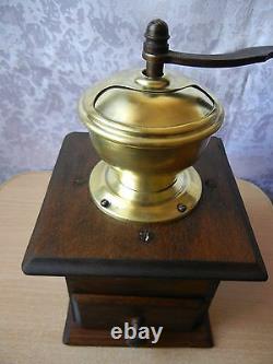ANTIQUE P & D WOOD TIN HOPPER COFFEE GRINDER Table Box Coffee mill PETER DIENES