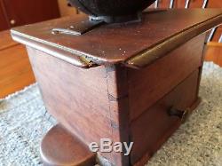 ANTIQUE PRIMITIVE 1800's COFFEE GRINDER DOVE TAILING DATED 1827 CARVED IN DRAWER