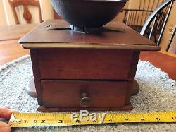 ANTIQUE PRIMITIVE 1800's COFFEE GRINDER DOVE TAILING DATED 1827 CARVED IN DRAWER