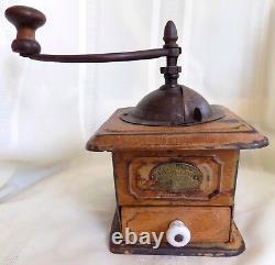 ANTIQUE PRIMITIVE Mutzig Framont COFFEE GRINDER Tin Tole Grain Painted Signed