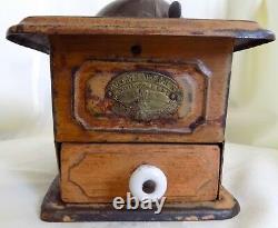 ANTIQUE PRIMITIVE Mutzig Framont COFFEE GRINDER Tin Tole Grain Painted Signed