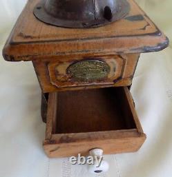 ANTIQUE PRIMITIVE Mutzig Framont COFFEE GRINDER Tin Tole Grain Painted Signed