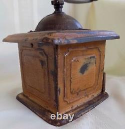 ANTIQUE PRIMITIVE Mutzig Framont COFFEE GRINDER Tin Tole Grain Painted Signed