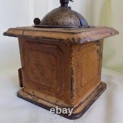 ANTIQUE PRIMITIVE Mutzig Framont COFFEE GRINDER Tin Tole Grain Painted Signed