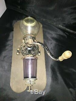 ANTIQUE VINTAGE WALL MOUNT ARCADE CRYSTAL COFFEE GRINDER MILL CAST IRON Round