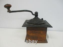 ANTIQUE WOOD COFFEE MILL GRINDER with ORNATE STAR LEAF METAL TOP with HAND CRANK
