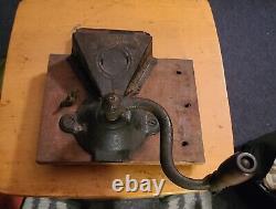 Antique 1800s COFFEE GRINDER WithLid Wall Mount Cast Iron, Metal and Wood