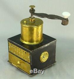 Antique 1883 Iron & Brass Coffee Grinder Grinding Machine w. Porcelain Knob