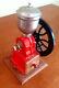 Antique 1930 Elma Red Cast Iron Coffee Grinder Mill With Fly Wheel & Wood Base