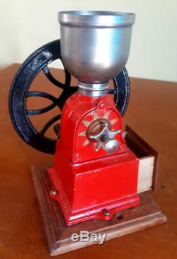Antique 1930 Elma Red Cast Iron Coffee Grinder Mill With Fly Wheel & Wood Base