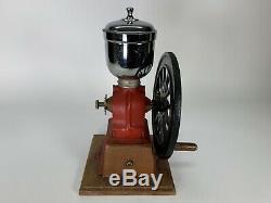 Antique 1930 Elma Vintage Red Cast Iron Coffee Grinder Mill With Wood Base