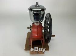 Antique 1930 Elma Vintage Red Cast Iron Coffee Grinder Mill With Wood Base