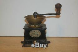 Antique A KENDRICK No. 0 Brass Hopper & Cast Iron Coffee Grinder Box with drawer