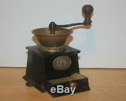 Antique A KENDRICK No. 0 Brass Hopper & Cast Iron Coffee Grinder Box with drawer