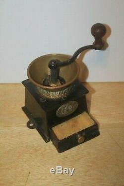 Antique A KENDRICK No. 0 Brass Hopper & Cast Iron Coffee Grinder Box with drawer