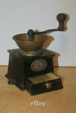 Antique A KENDRICK No. 0 Brass Hopper & Cast Iron Coffee Grinder Box with drawer