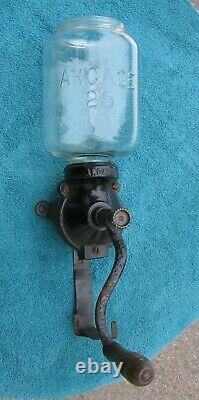 Antique ARCADE 25 Hand Crank Cast Iron Wall Mount Coffee Grinder w Embossed Jar