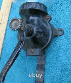 Antique ARCADE 25 Hand Crank Cast Iron Wall Mount Coffee Grinder w Embossed Jar