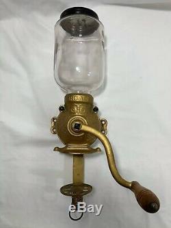 Antique ARCADE CRYSTAL # 1 Wall Mount Coffee Mill Grinder Gold